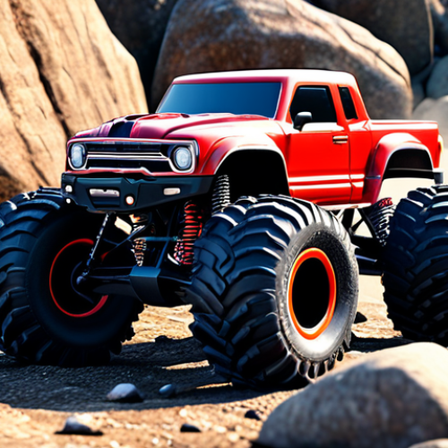 Home 15 **Prompt:** RC car with monster truck tires climbing over rocks, showcasing upgraded suspension and off-road capabilities, dynamic action shot.