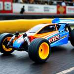 **A high-speed RC car racing down a track, fueled by nitro. Focus on the motion blur and vibrant colors, showcasing the power and excitement of nitro-powered RC vehicles. Include visual elements of Vietnamese RC racing culture.**