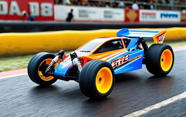 **A high-speed RC car racing down a track, fueled by nitro. Focus on the motion blur and vibrant colors, showcasing the power and excitement of nitro-powered RC vehicles. Include visual elements of Vietnamese RC racing culture.**