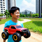 **

*   **Prompt:** A young Vietnamese man joyfully controlling an RC off-road car in a park, with modern apartment buildings visible in the background. He's carefully navigating around families enjoying their time. Bright, sunny day, vibrant colors. Focus on the RC car and the man's expression.

**