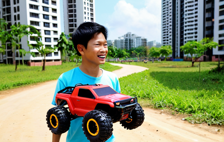 **

*   **Prompt:** A young Vietnamese man joyfully controlling an RC off-road car in a park, with modern apartment buildings visible in the background. He's carefully navigating around families enjoying their time. Bright, sunny day, vibrant colors. Focus on the RC car and the man's expression.

**
